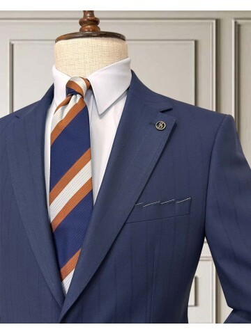 Navy Blue Pinstripe Two-Button Suit - Notch Lapel with Pick Stitching Detail