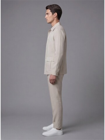 Light Beige Shirt Collar Buttoned Patch Pocket Suit