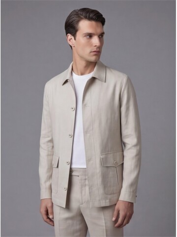 Light Beige Shirt Collar Buttoned Patch Pocket Suit