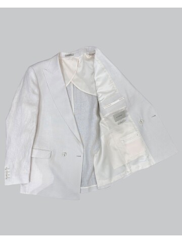 Açık Bej Sivri Yaka 2 Düğme Keten Takım Elbise