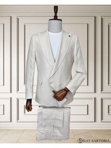 Açık Bej Sivri Yaka 2 Düğme Keten Takım Elbise