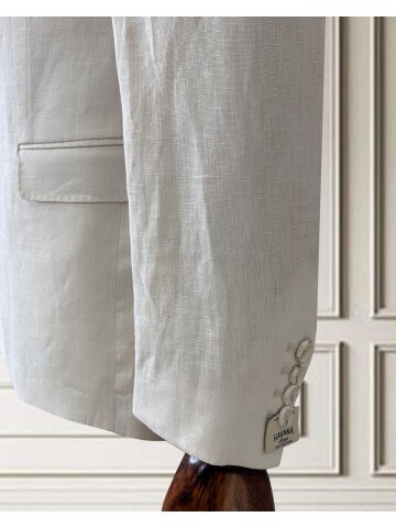 Açık Bej Sivri Yaka 2 Düğme Keten Takım Elbise