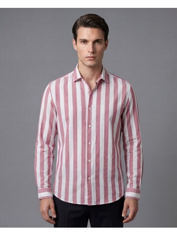 Açık Bordo Çizgili Regular Fit Uzun Kollu Gömlek