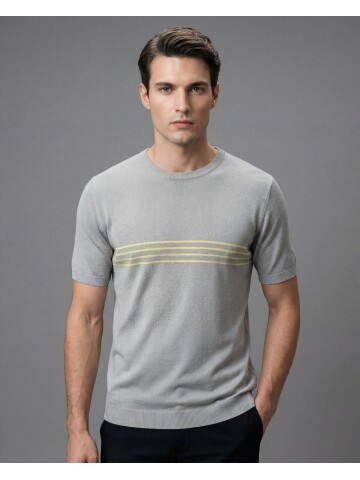 Açık Gri Bisiklet Yaka Çizgili Kısa Kollu Triko Tişört