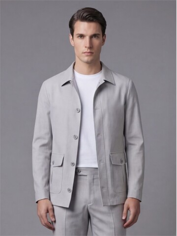 Light Grey Shirt Collar Buttoned Patch Pocket Suit