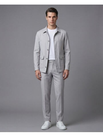 Açık Gri Gömlek Yaka Düğmeli Torba Cepli Takım