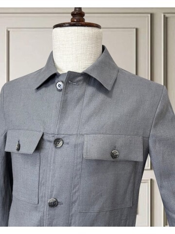 Açık Gri Keten Safari Takım Elbise