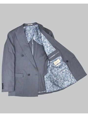 Açık Gri Sivri Yaka 4 Düğme Keten Takım Elbise