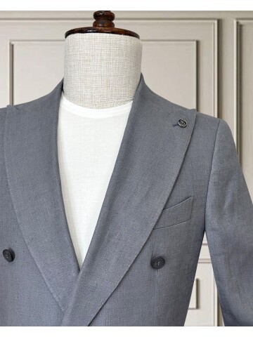 Açık Gri Sivri Yaka 4 Düğme Keten Takım Elbise