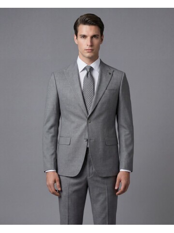 Açık Gri Sivri Yaka İki Düğmeli Slim Fit Takım Elbise