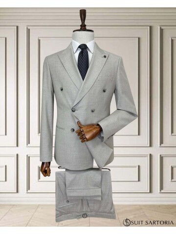 Light Grey Peak Lapel Double-Breasted Suit with Pick Stitching