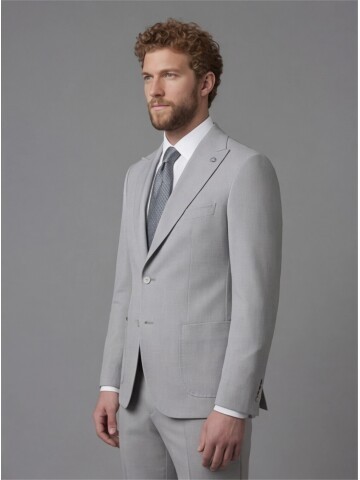 Light Grey Slim Fit Peak Lapel Patch Pocket Mens Suit