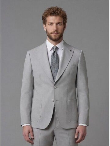 Light Grey Slim Fit Peak Lapel Patch Pocket Mens Suit