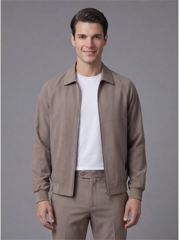 Light Brown Zip-Up Shirt Collar Smart Tracksuit