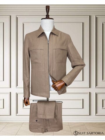 Açık Kahverengi Keten Safari Takım Elbise