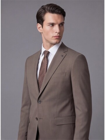 Açık Kahverengi Mono Yaka İki Düğmeli Takım Elbise