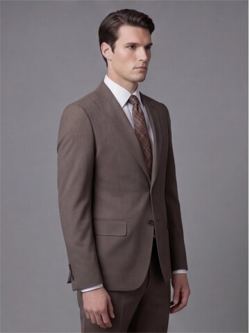 Açık Kahverengi Sivri Yaka İki Düğmeli Slim Fit Takım Elbise