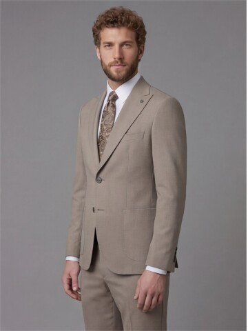 Light Brown Slim Fit Peak Lapel Patch Pocket Mens Suit