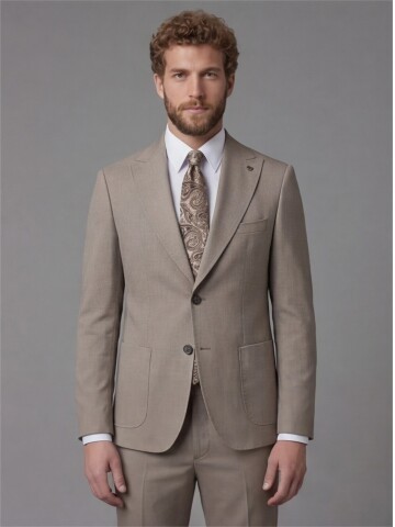 Light Brown Slim Fit Peak Lapel Patch Pocket Mens Suit