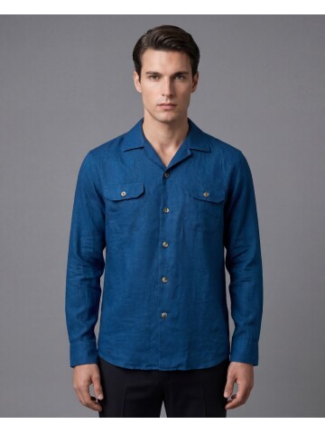 Açık Lacivert Keten Kapaklı Cep Regular Fit Uzun Kollu Gömlek