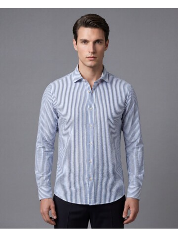 Açık Mavi Çizgili Regular Fit Uzun Kollu Gömlek