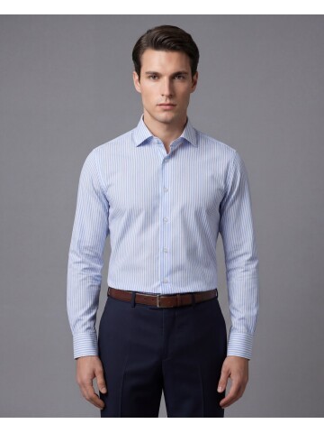 Açık Mavi Çizgili Slim Fit Uzun Kollu Klasik Yaka Erkek Gömlek