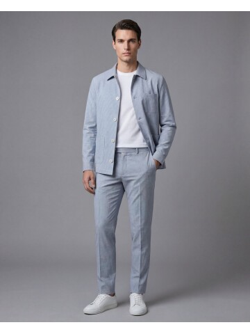 Açık Mavi Gömlek Yaka Düğmeli Torba Cepli Takım