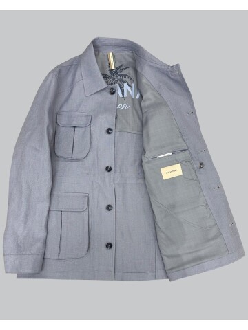 Açık Mavi Keten Safari Model Dört Cepli Takım Elbise