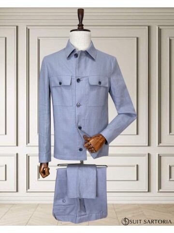 Açık Mavi Keten Safari Takım Elbise