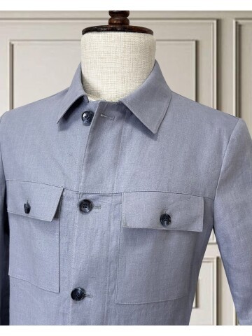 Açık Mavi Keten Safari Takım Elbise