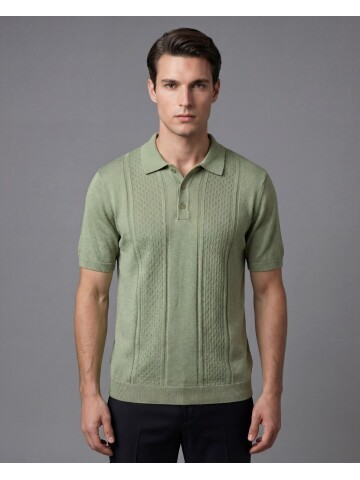 Açık Yeşil Dokulu 3 Düğmeli Polo Yaka Triko Tişört