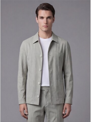 Light Green Shirt Collar Buttoned Patch Pocket Suit