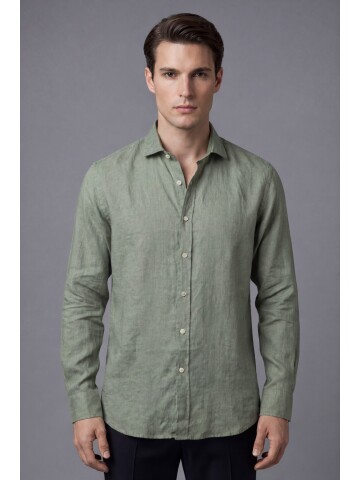 Açık Yeşil Premium Keten Regular Fit Uzun Kollu Gömlek