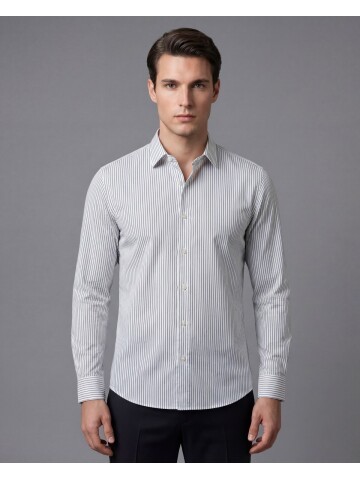 Bej Çizgili Regular Fit Uzun Kollu Gömlek