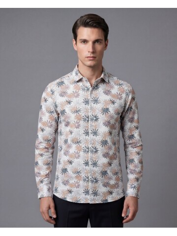 Bej Desenli Regular Fit Uzun Kollu Gömlek