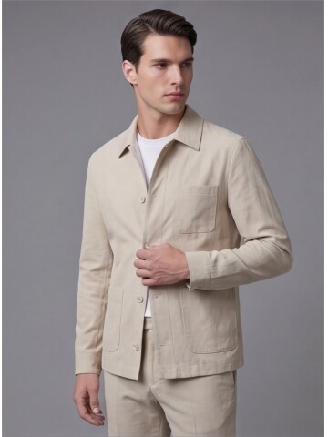 Beige Shirt Collar Buttoned Patch Pocket Suit