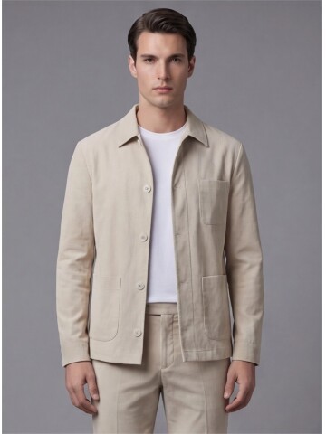 Beige Shirt Collar Buttoned Patch Pocket Suit