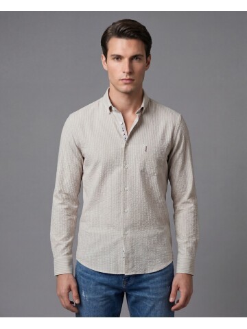 Bej Kendinden Desenli Slim Fit Uzun Kollu Gömlek