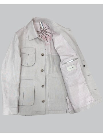 Bej Keten Safari Model Dört Cepli Takım Elbise