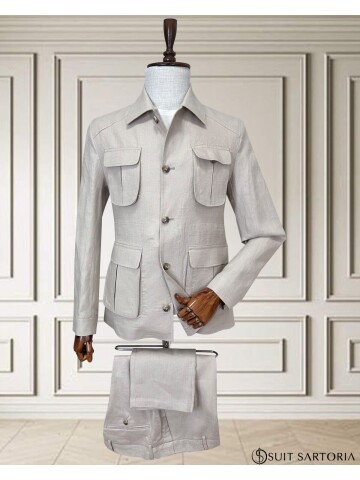 Bej Keten Safari Model Dört Cepli Takım Elbise