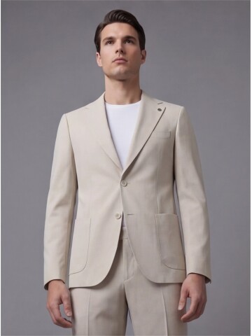 Bej Mono Yaka İki Düğmeli Takım Elbise