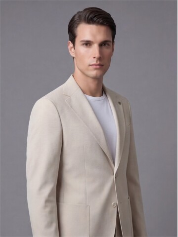 Bej Mono Yaka İki Düğmeli Takım Elbise