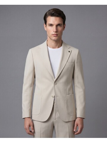 Bej Mono Yaka İki Düğmeli Takım Elbise