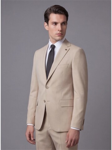 Bej Mono Yaka İki Düğmeli Takım Elbise