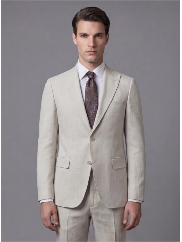 Bej Sivri Yaka İki Düğmeli Slim Fit Takım Elbise