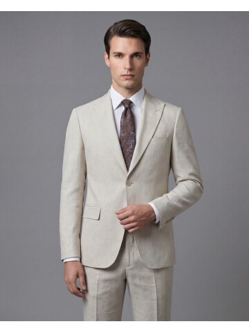 Bej Sivri Yaka İki Düğmeli Slim Fit Takım Elbise