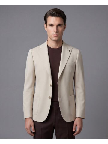 Beige Peak Lapel Patch Pocket Comfort Fit Blazer