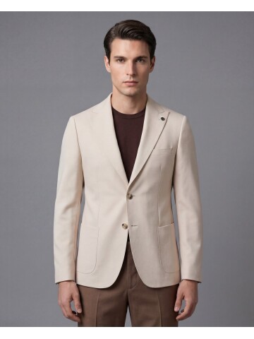 Beige Peak Lapel Patch Pocket Comfort Fit Blazer