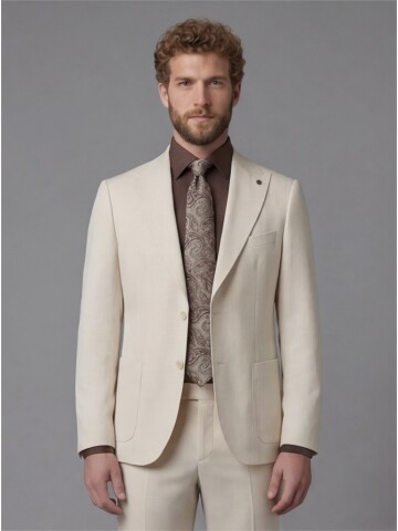 Beige Slim Fit Peak Lapel Patch Pocket Mens Suit