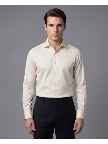 Bej Slim Fit Uzun Kollu Klasik Yaka Gömlek